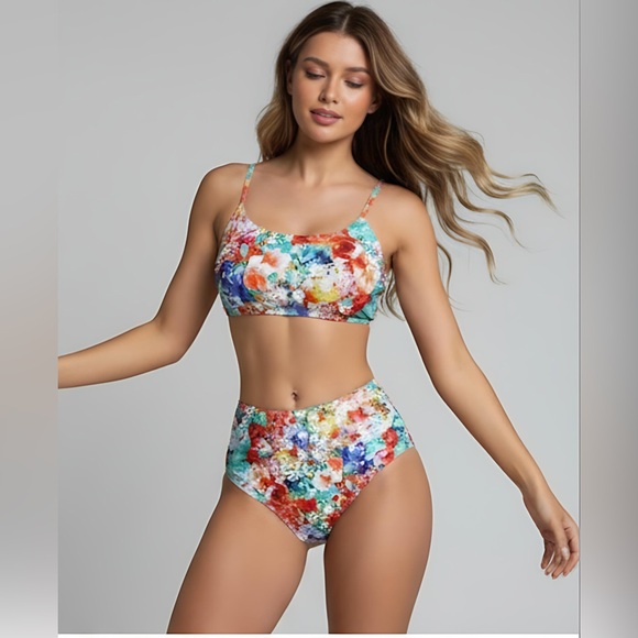 Boho Floral Print High Waisted Bikini Swimsuit - Picture 2 of 8